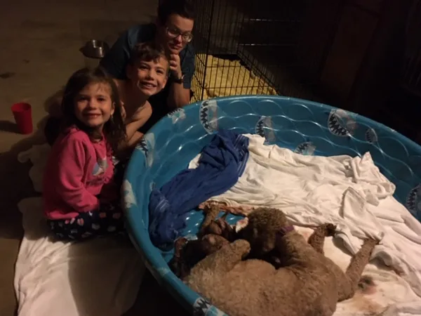 Toni, Weston and Haven watching Bailey's puppies be born at 2 AM 
